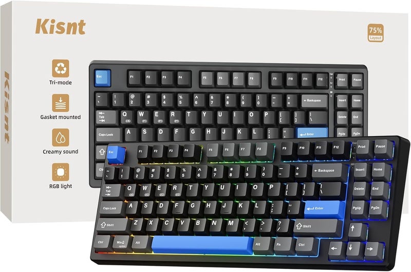 Kisnt Wireless Mechanical Keyboard,Gasket Mounted with Creamy Sound,Bluetooth/2.4GHz/USB-C,Custom Hot Swappable,RGB Backlit,75% Compact Layout for Gaming/Typing/Win/Mac/PC(Textured Black,Linear Switch) - Image 1